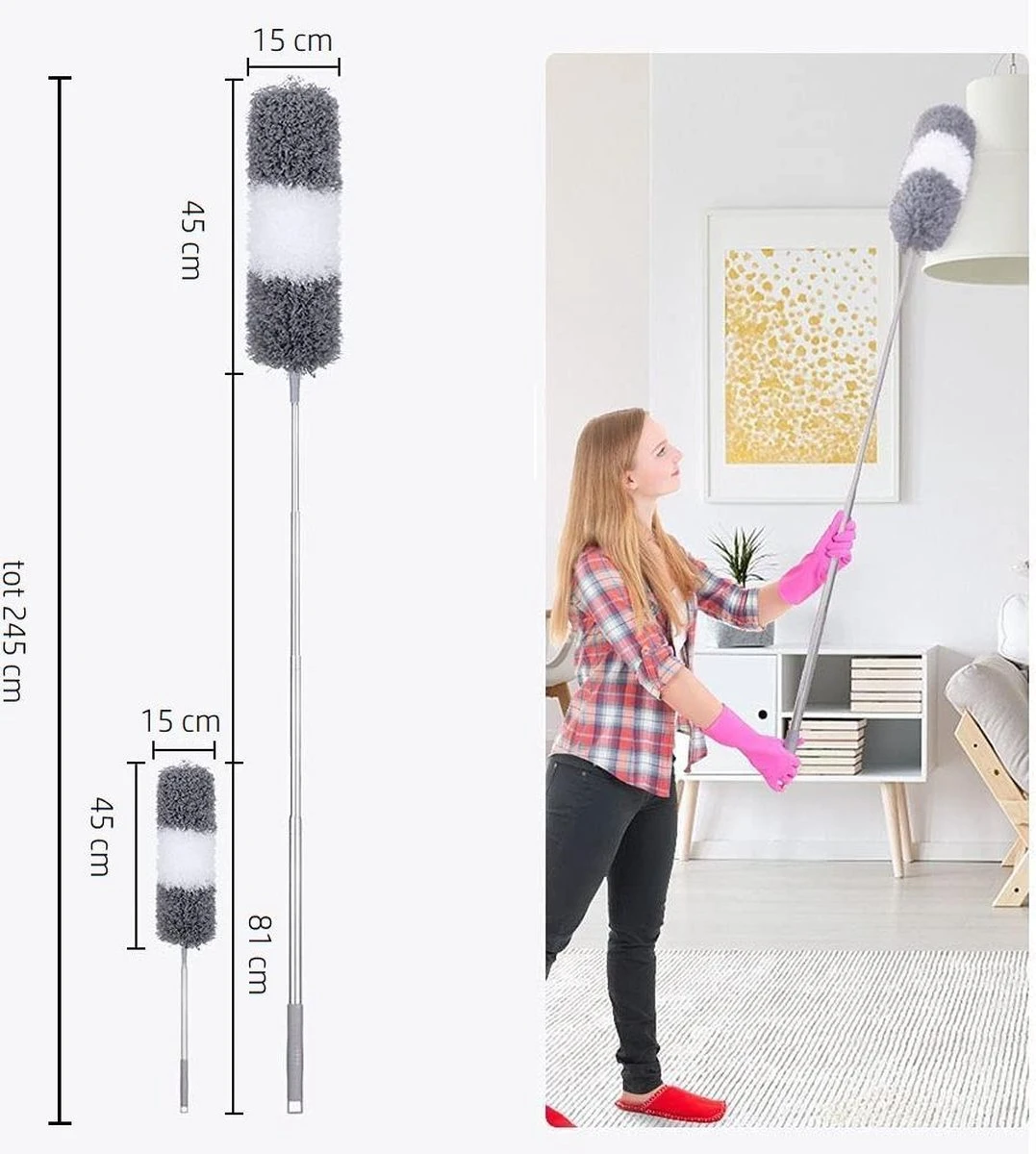 Vannons - Plumeau - Ragebol - Plumeau Uitschuifbaar Tot 245 Cm - Met Telescoopsteel - Wasbaar Microvezel - Grijs Wit 4 Vannons - Plumeau - Ragebol - Plumeau Uitschuifbaar Tot 245 Cm - Met Telescoopsteel - Wasbaar Microvezel - Grijs Wit - Afbeelding 2