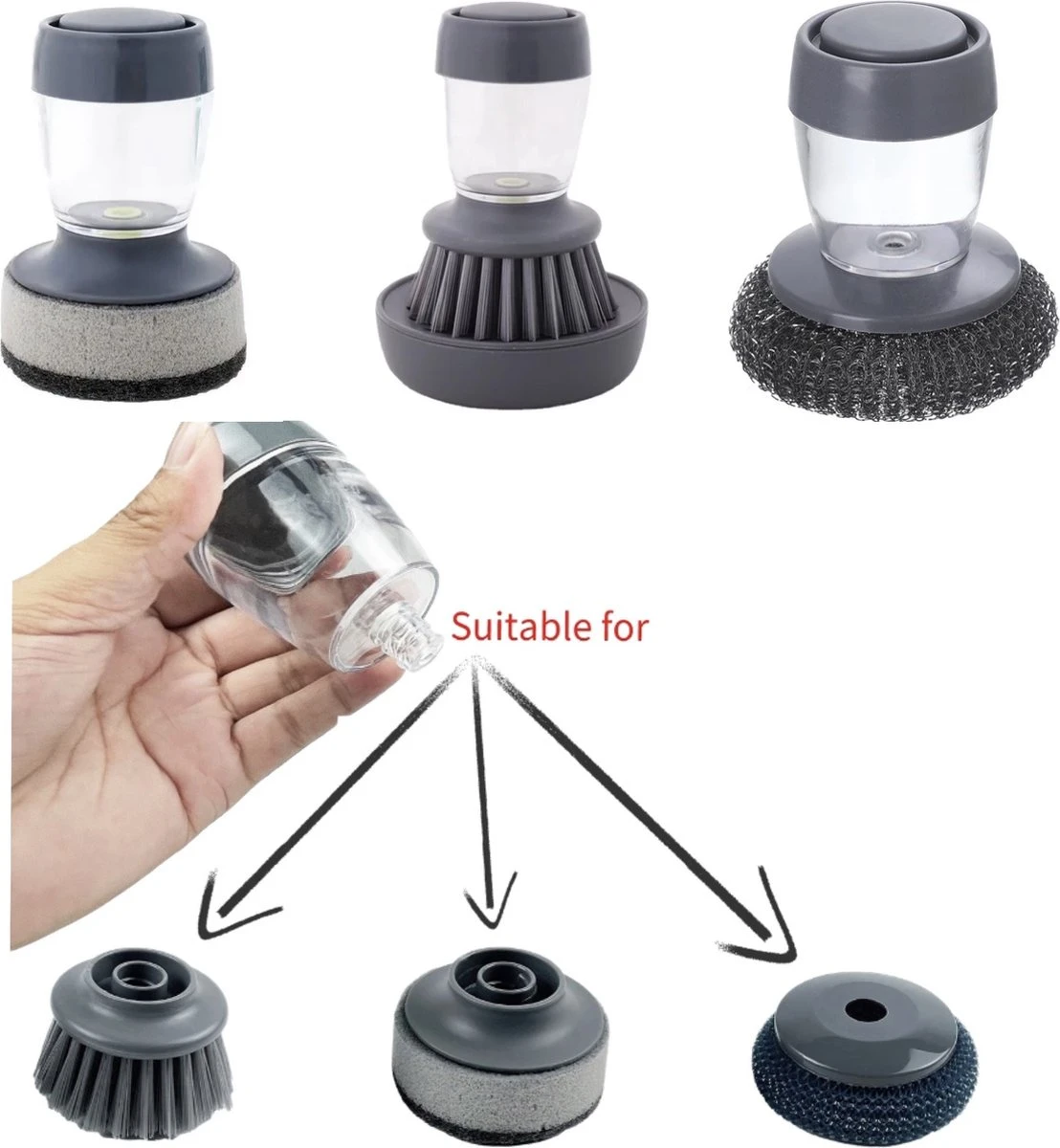 Afwasborstel Met Zeepdispenser – Met 3 Verschillende Opzet Stukken – Inclusief Houder – Grijs – Afwas Borstel Zeepreservoir – Zeep Handborstel – Doseerpomp – Afwasmiddel Dispenser – Navulbaar 3 Afwasborstel Met Zeepdispenser – Met 3 Verschillende Opzet Stukken – Inclusief Houder – Grijs – Afwas Borstel Zeepreservoir – Zeep Handborstel – Doseerpomp – Afwasmiddel Dispenser – Navulbaar