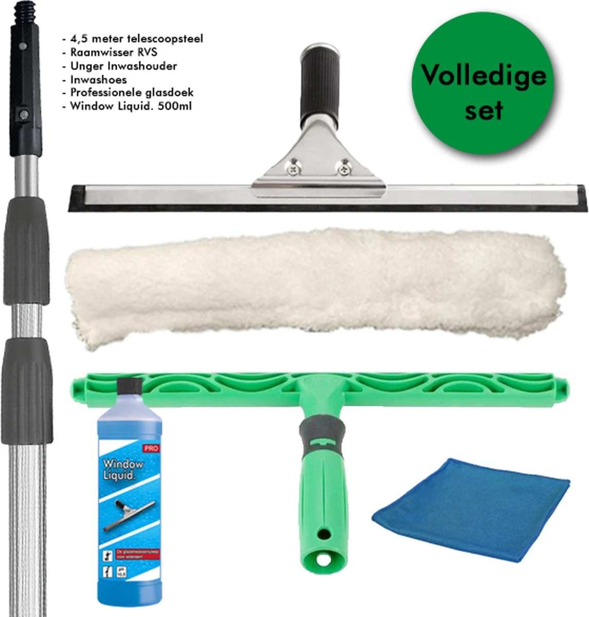 Professionele Glasreinigingsset 6in1 - Ramen Wassen 4,5m Steel! - Raamwisser 35cm, UNGER Inwasser, Speciale Glasdoek, Window Liquid. 500ml 3 Professionele Glasreinigingsset 6in1 - Ramen Wassen 4,5m Steel! - Raamwisser 35cm, UNGER Inwasser, Speciale Glasdoek, Window Liquid. 500ml