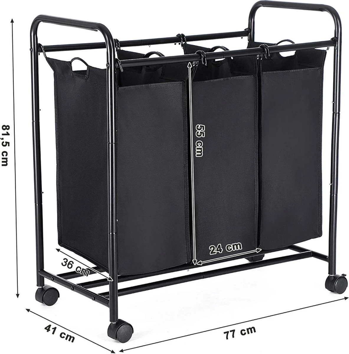 Mobiele Wassorteerder Met 3 Vakken - Op Wielen - 132 L (3 X 44 Liter) - Zwart 6 Mobiele Wassorteerder Met 3 Vakken - Op Wielen - 132 L (3 X 44 Liter) - Zwart - Afbeelding 4