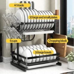 Doogo® Afdruiprek Met Lekbak 2 Laags – Inklapbaar - Muur Hangen Mogelijke - Afwasrek – Met 2 Lekbakken – Extra Accessories Voor Servies En Snijplanken - RVS -Sparkle home Winkel 1195x1200 5