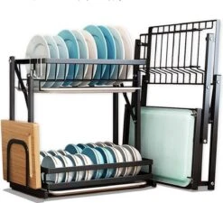 Doogo® Afdruiprek Met Lekbak 2 Laags – Inklapbaar - Muur Hangen Mogelijke - Afwasrek – Met 2 Lekbakken – Extra Accessories Voor Servies En Snijplanken - RVS -Sparkle home Winkel 1200x1095