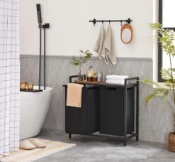 O’DADDY® Wasmand 2 Vakken – Wassorteerder - Uitschuifbaar Met Plank - 73 X 33 X 72 Cm – Wasmand Met Uitneembare Zakken En Klittenband Sluiting - 112L Verdeeld Over 2 Zakken – Wasmanden – Wasmand Zwart Metaal - Bruin Hout -Sparkle home Winkel 1200x1107 3