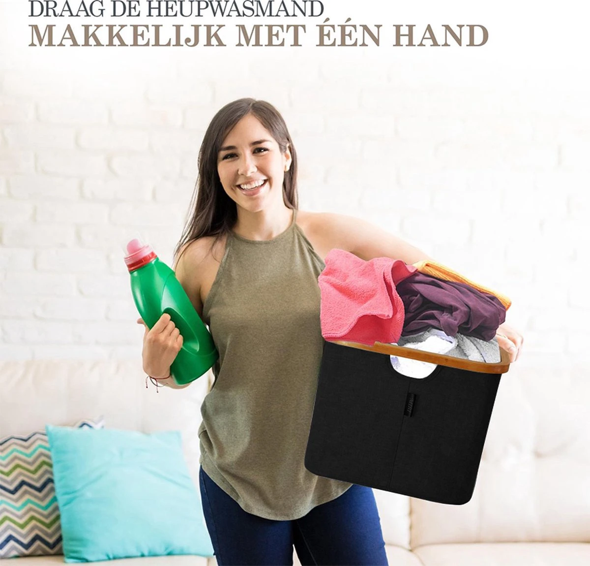 MIRI Opvouwbare Wasmand – Heupwasmand – Zwart – Wasmanden – Opbergmand – Wasbox – 45L – Bamboe – Laundry Basket 6 MIRI Opvouwbare Wasmand – Heupwasmand – Zwart – Wasmanden – Opbergmand – Wasbox – 45L – Bamboe – Laundry Basket - Afbeelding 4