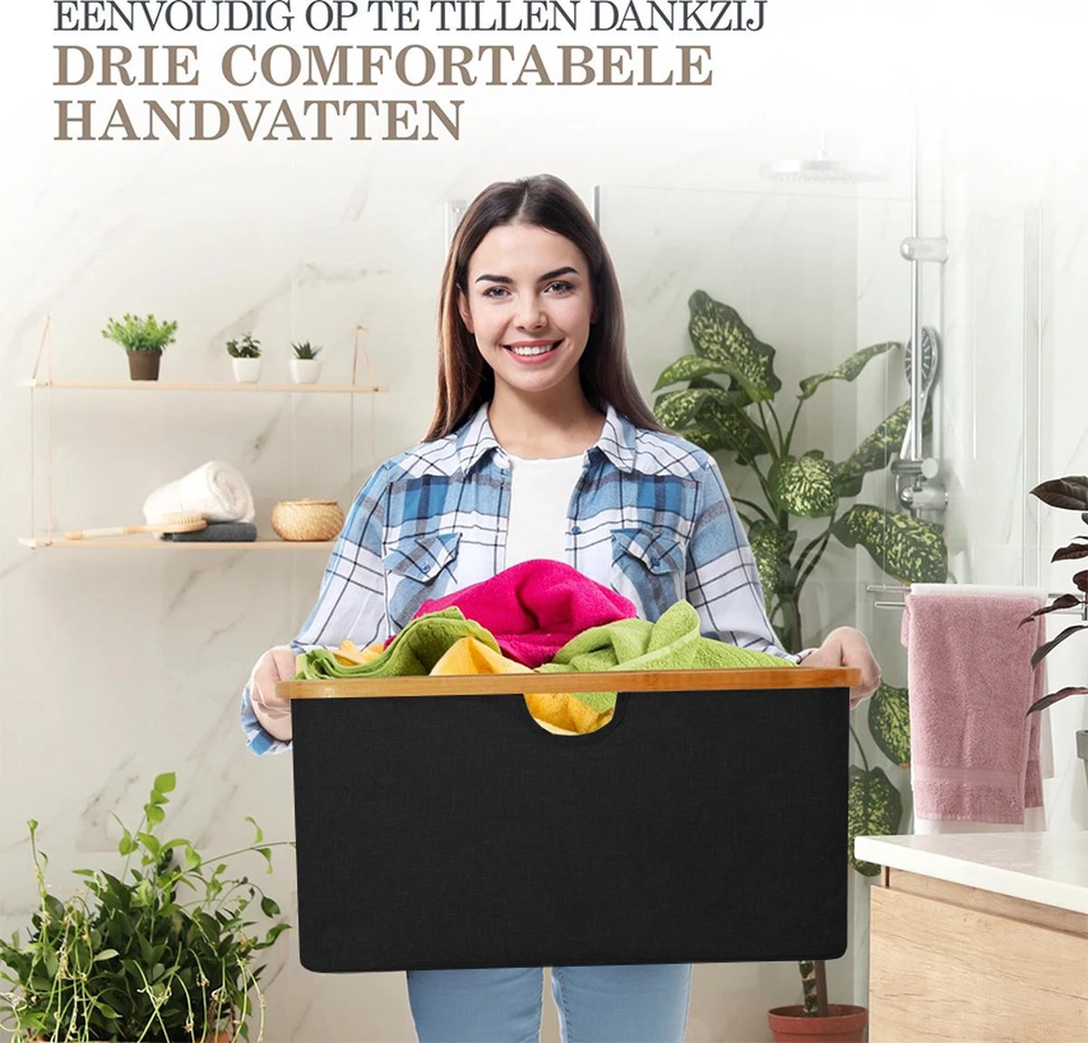 MIRI Opvouwbare Wasmand – Heupwasmand – Zwart – Wasmanden – Opbergmand – Wasbox – 45L – Bamboe – Laundry Basket 7 MIRI Opvouwbare Wasmand – Heupwasmand – Zwart – Wasmanden – Opbergmand – Wasbox – 45L – Bamboe – Laundry Basket - Afbeelding 5