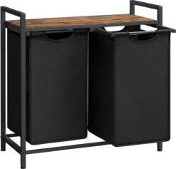 O’DADDY® Wasmand 2 Vakken – Wassorteerder - Uitschuifbaar Met Plank - 73 X 33 X 72 Cm – Wasmand Met Uitneembare Zakken En Klittenband Sluiting - 112L Verdeeld Over 2 Zakken – Wasmanden – Wasmand Zwart Metaal - Bruin Hout