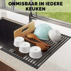 Kitch&Life Afdruiprek Oprolbaar - Mat Zwart - Pannenonderzetter - Afdruipmat - Keukenrek 3-in-1 -Sparkle home Winkel 1200x1200 1032