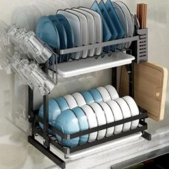 TammaT - Afdruiprek Met Lekbak 2 Laags – Inklapbaar - Afwasrek – Met 2 Lekbakken – Extra Accessories Voor Servies En Snijplanken - RVS - 38x35x26,5cm -Sparkle home Winkel 1200x1200 1052