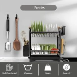 Afdruiprek - Zwart/ Met Flexibele Water Afvoer/ Borden, Pannen Bestek/ RVS/ Lichtgewicht/ Lekbak/ Luxe Uitvoering -Sparkle home Winkel 1200x1200 1059