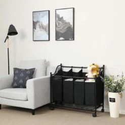 Songmics ZAZA Home Wassorteerder Op Wieltjes / Verrijdbare Wasmand / Met 4 Uitneembare Vakken - Zwart -Sparkle home Winkel 1200x1200 1142