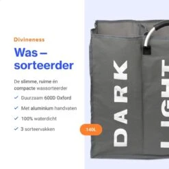 Divineness - Wasmand 3 Vakken - 140 Liter - Wassorteerder - Waszak - Opvouwbaar En Waterdicht - Grijs -Sparkle home Winkel 1200x1200 1207