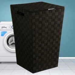 Merkloos Decopatent® Wasmanden Met Deksel - 60 Liter - Geweven Wasmand - Wasbox Met Optil Deksel - Polypropyleen - Afm 33x33x53 Cm - Zwart