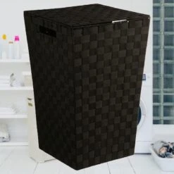 Merkloos Decopatent® Wasmanden Met Deksel - 60 Liter - Geweven Wasmand - Wasbox Met Optil Deksel - Polypropyleen - Afm 33x33x53 Cm - Zwart -Sparkle home Winkel 1200x1200 1261