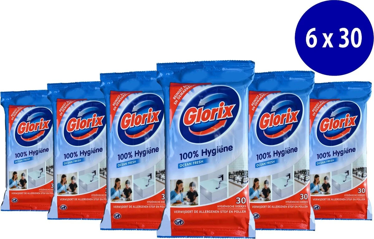 Glorix Doekjes Ocean - 100% Hygiene - 6 X 30 = 180 Vochtige Schoonmaakdoekjes 3 Glorix Doekjes Ocean - 100% Hygiene - 6 X 30 = 180 Vochtige Schoonmaakdoekjes