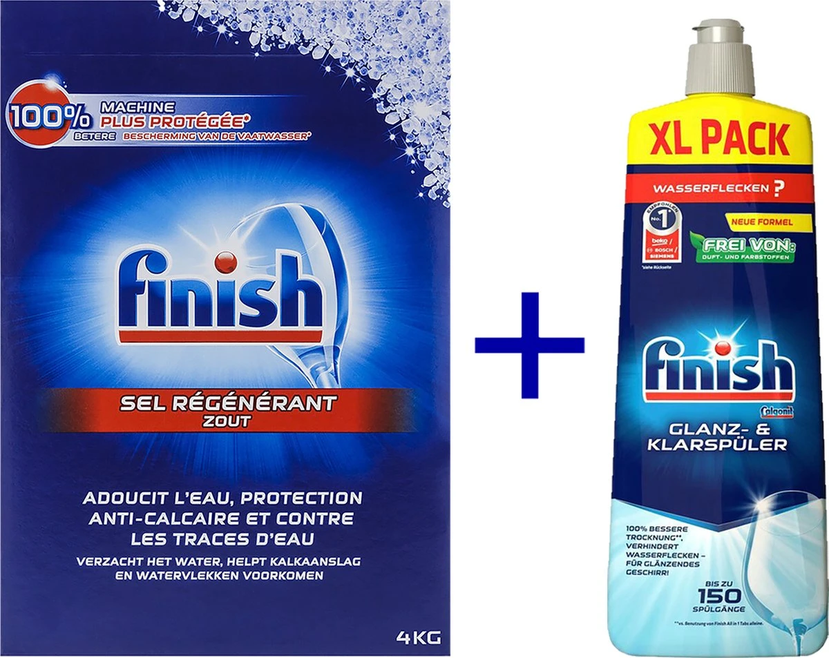 Finish Vaatwaszout 4kg Doos - Zout Voor De Vaatwasser + Finish - Glansspoelmiddel - 800 Ml 3 Finish Vaatwaszout 4kg Doos - Zout Voor De Vaatwasser + Finish - Glansspoelmiddel - 800 Ml