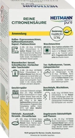 HEITMANN Pure Ontkalker- Citroenzuur Ontkalker, Natuurvriendelijke Kalkreiniger Voor Een Hygiënische Reiniging - Poeder, 1x 350 G -Sparkle home Winkel 654x1200