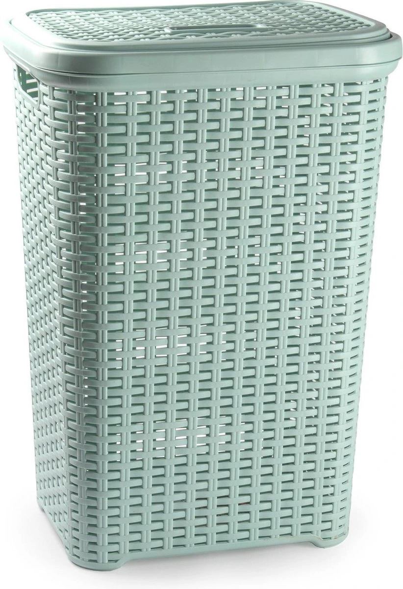 Grote Rotan Wasmand/opbergmand Met Deksel 60 Liter In Kleur Lichtgroen - Kunststof - L35 X B43 X H62 Cm - Wasmanden 3 Grote Rotan Wasmand/opbergmand Met Deksel 60 Liter In Kleur Lichtgroen - Kunststof - L35 X B43 X H62 Cm - Wasmanden