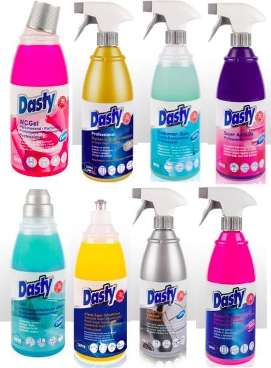 Dasty Keuken+Badkamer Pakket 8 Stuks: WC-gel + Super Antikalk + Ruiten En Oppervlakten + Badkamerreiniger + Afwas Super Ontvettend + RVS- En Inductiekookplatenreiniger + Ruiten En Oppervlakten + Allesreinigende Gel + GRATIS Set Sponzen 3 Dasty Keuken+Badkamer Pakket 8 Stuks: WC-gel + Super Antikalk + Ruiten En Oppervlakten + Badkamerreiniger + Afwas Super Ontvettend + RVS- En Inductiekookplatenreiniger + Ruiten En Oppervlakten + Allesreinigende Gel + GRATIS Set Sponzen