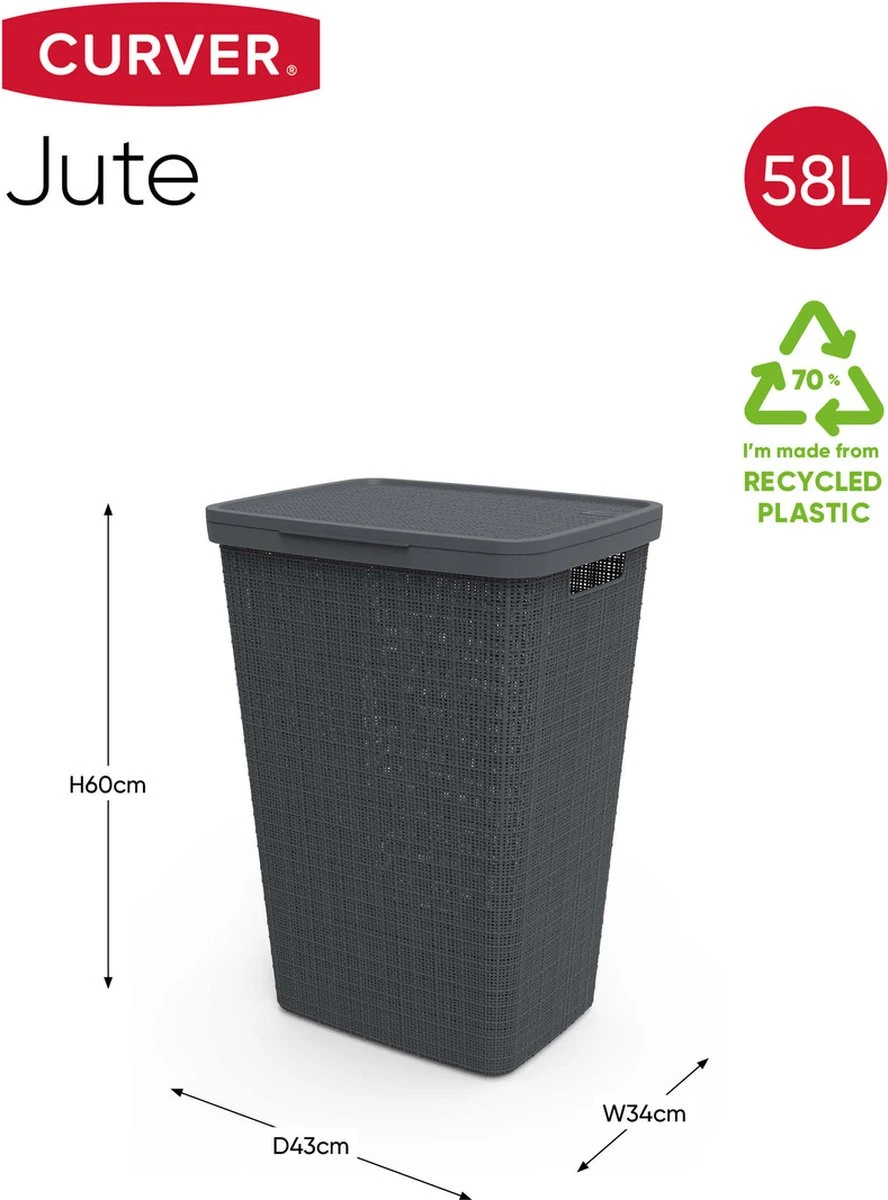 Curver Jute Wasmand Met Deksel - 58L - Donkergrijs 4 Curver Jute Wasmand Met Deksel - 58L - Donkergrijs - Afbeelding 2