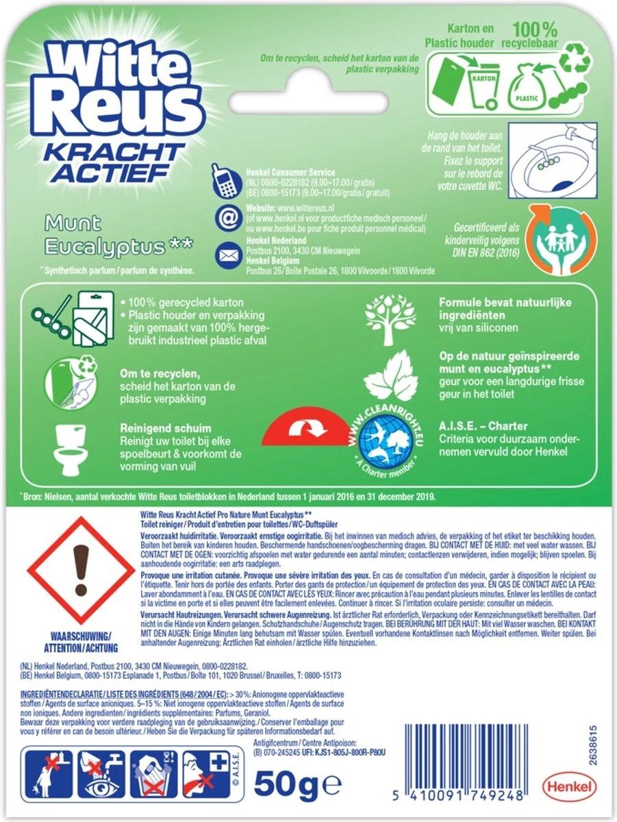 Witte Reus Toiletblok Kracht Actief Pro Nature Munt Eucalyptus 4 Witte Reus Toiletblok Kracht Actief Pro Nature Munt Eucalyptus - Afbeelding 2