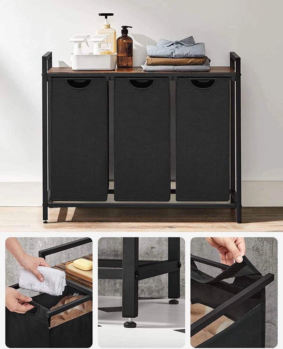 Wasmand, Wasverzamelaar, 3 Vakken, Met Legbord, Wassorteerbak, Waszak Uitschuifbaar En Uitneembaar, Per Waszak 38 Liter, Voor Badkamer, Wasruimte, Vintage Bruin-zwart BLH301B01 8 Wasmand, Wasverzamelaar, 3 Vakken, Met Legbord, Wassorteerbak, Waszak Uitschuifbaar En Uitneembaar, Per Waszak 38 Liter, Voor Badkamer, Wasruimte, Vintage Bruin-zwart BLH301B01 - Afbeelding 6